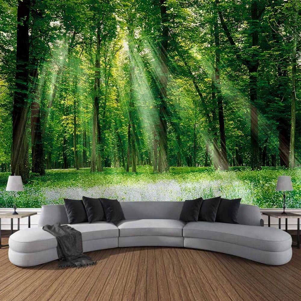Large 3D Printed Tapestry Green Forest Landscape Wall Hanging Cloth Hippie Bohemian Home Art Decoration Living Room Wall Decor