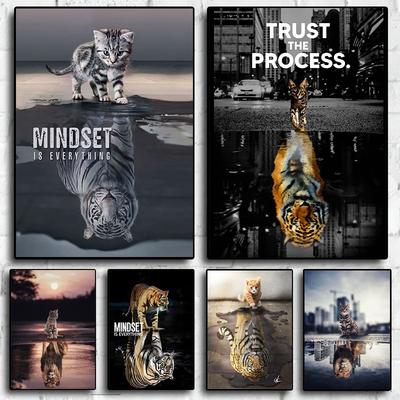 Abstract Surreal Animals Tiger Cat Mindset Motivational Quotes Poster Canvas Painting Wall Art Pictures Living Room Home Decor