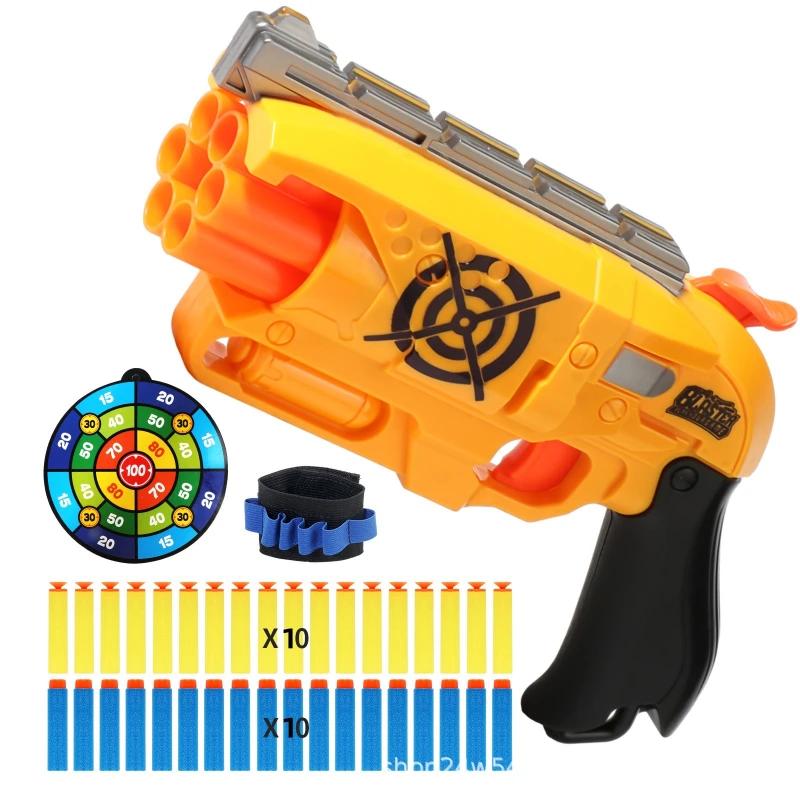 Kids Toy Gun 6-Shot Soft Bullet Blaster with 20 Foam Darts Target Wristband for Indoor Outdoor Play Shooting Battle Boys Gifts