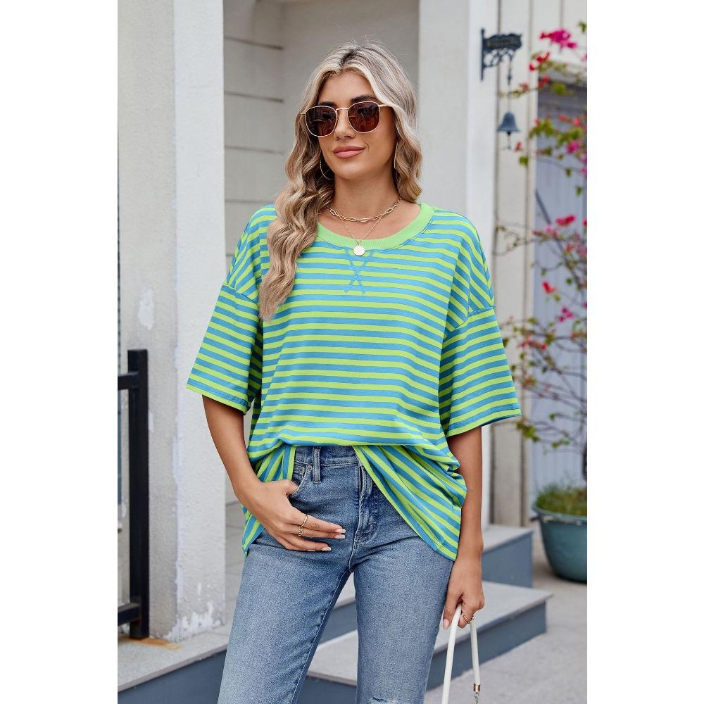 Frühling und Sommer Neues Damen Gestreiftes Kontrast-Lose Kurzarm-T-Shirt