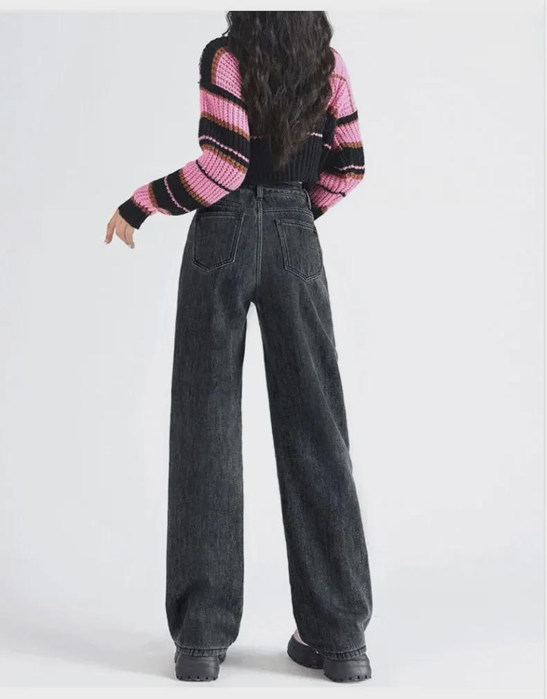 Women's Thick Wide-Leg Jeans: Pear-Shaped, Velvet-Lined, Warm & Versatile - Black & Gray.