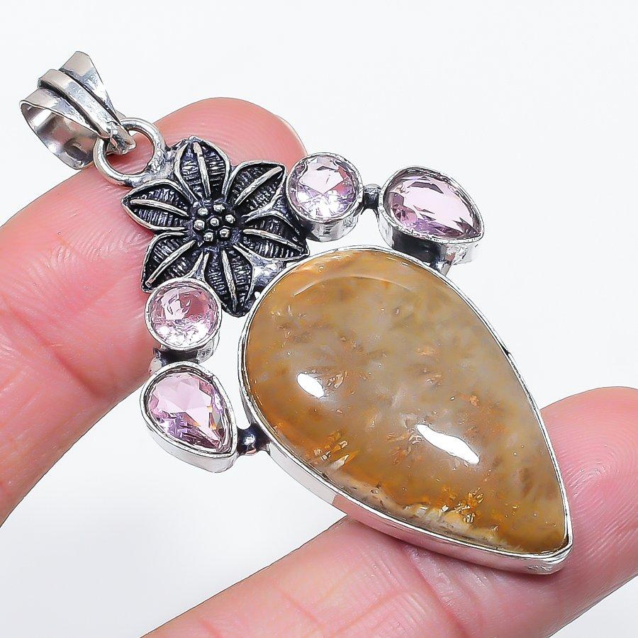 Natural Fossil Coral, Kunzite 925 Sterling Silver Jewelry Pendant 2.48" C8N44