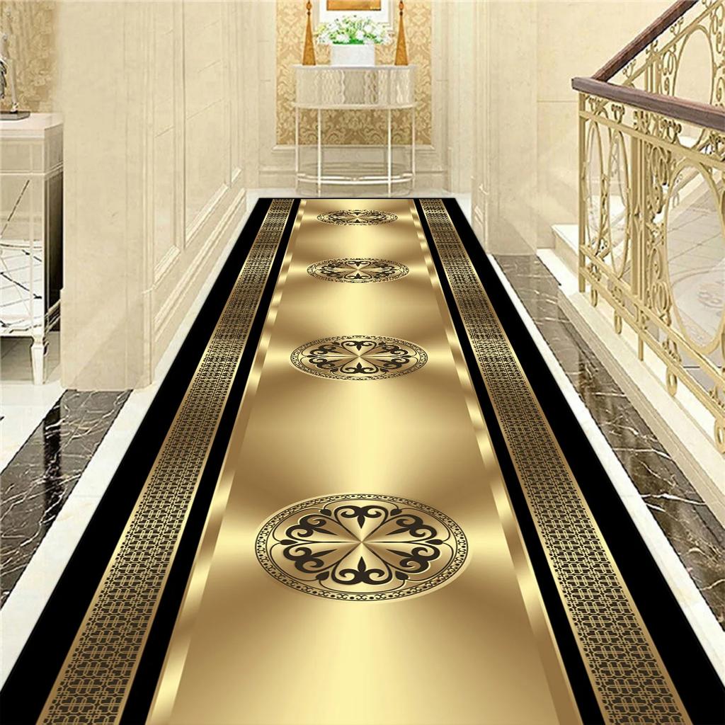 Golden Luxury Long Corridor Carpet Nordic Style Villa Hallway Carpet Non-slip Washable Lobby Aisle Rug Customizable Runner Mat