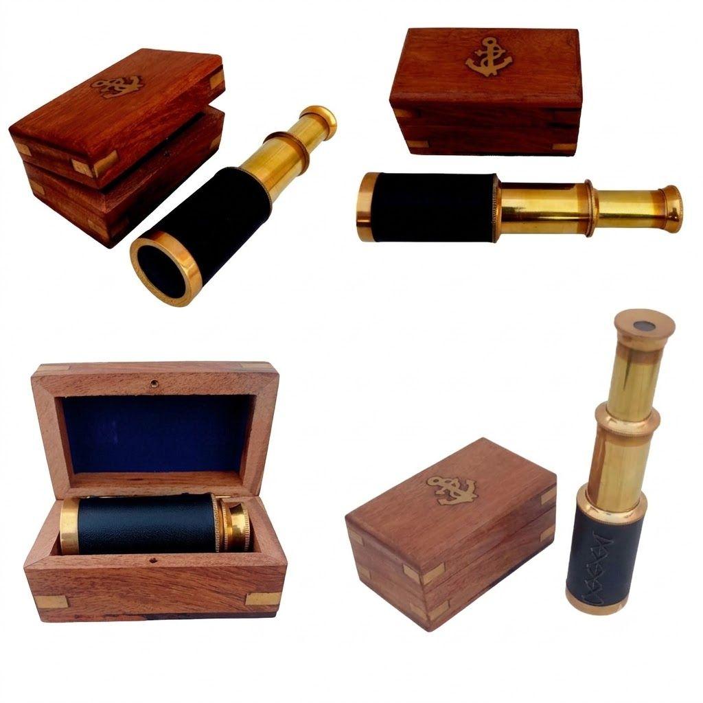 Telescope with Wooden Box Vintage Mini Handheld Spyglass Nautical Marine Small Brass Pirate Navigation Collectible Pocket Spy Glass Ship