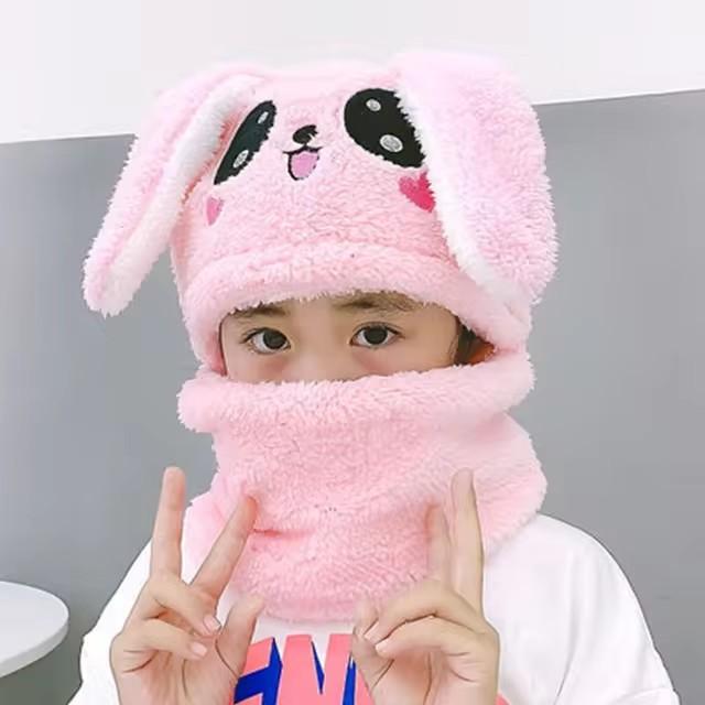 Winter Cartoon Rabbit Coral Velvet Cap Plush Balaclava Kids Caps Double Fleece Baby Scarf Hat Children