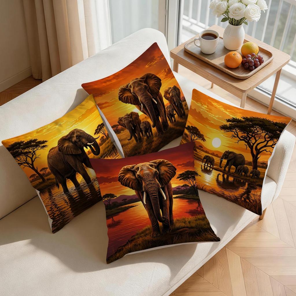 1pcs/4pcs African Savanna Elephant Cushions Pillowcase Polyester Cushion Cover Throw Pillow Pillowcover Home Car Sofa Decor