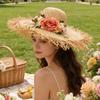 Wide Brims Beach Cap Elegant Straw Fisherman Hat With Floral Accents For Women Outdoor Beach Vacation And Sun Protection