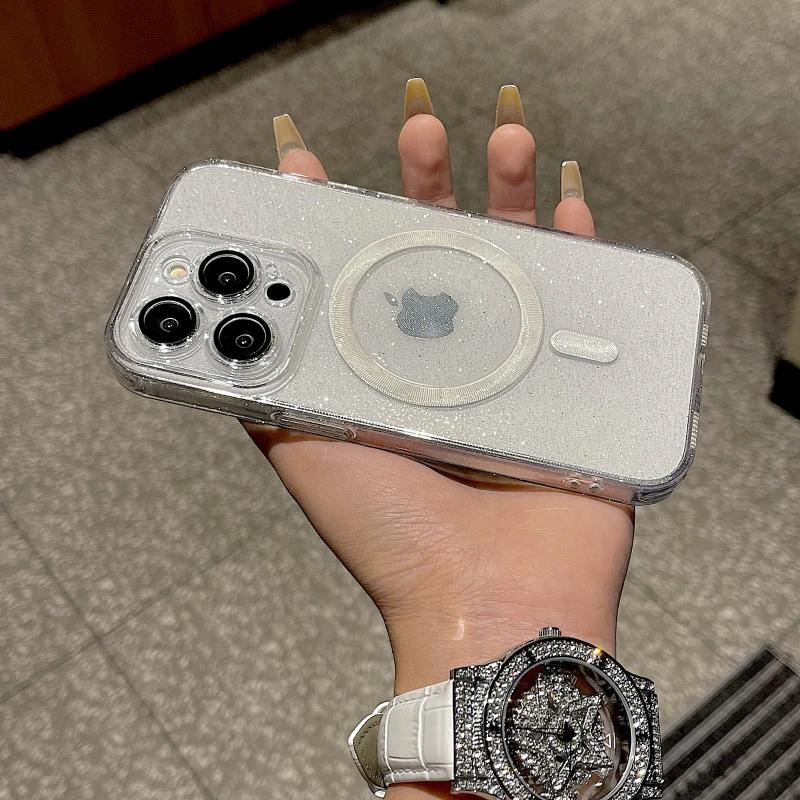 Luxusní třpytivé bezdrátové nabíjecí pouzdro MagSafe pro iPhone 15 14 13 12 11 ProMax nárazuvzdorné průhledné magnetické měkké nárazníkové pouzdro