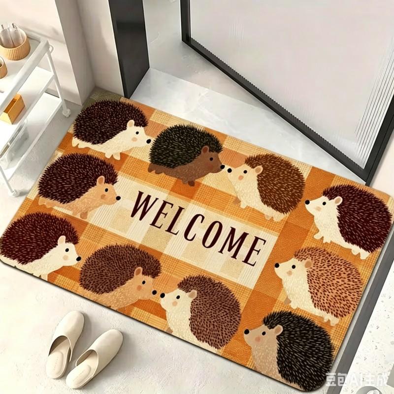 Tapis de Bienvenue Hérisson Mignon Tapis de Sol Animal de la Forêt Dessiné Tapis d'Entrée Porc-Épic Adorable Décor Pour Amoureux des Animaux 60X90cm