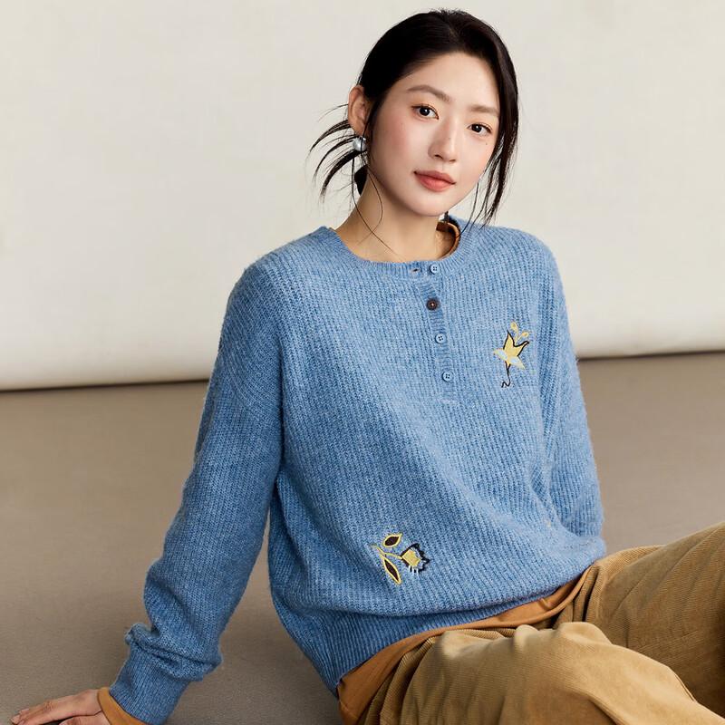 INMAN Women s Embroidered Wool Blend Crew Neck Sweater M