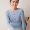 Women's Pure Cashmere Slim Fit Ribbed Sweater - Round Neck, Button Detail, Long Sleeve Knitwear