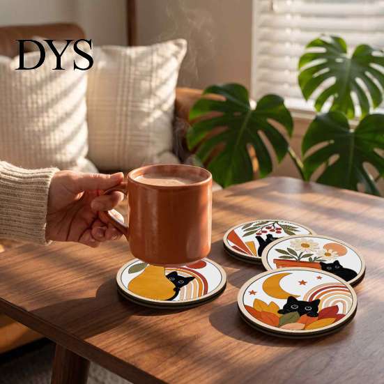 Stackable Coaster Set 4PCS Black Cat Acrylic Coasters, Christmas Festive Tabletop Coffee Table Protection Pads Mats, Non-Slip Rounded Coasters