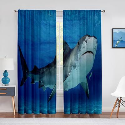 Cortina de voile transparente com tema de tubarão 3D, oceano, peixe, para sala de estar, janela, persianas de chiffon, quarto, tule, cortinas de cozinha