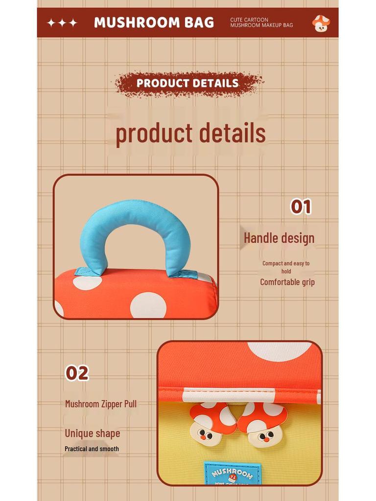 Niedliche Cartoon-Pilz Make-up-Tasche - Damen Große Kapazität Tragbare Oxford-Stoff Handheld Aufbewahrungstasche