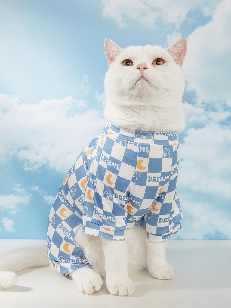 Pet Clothes Checkered Pajamas for Small Dogs Cats, Soft Comfortable Four - Legged Jumpsuit, Cute Moon & "DREAMS" Print Outfit