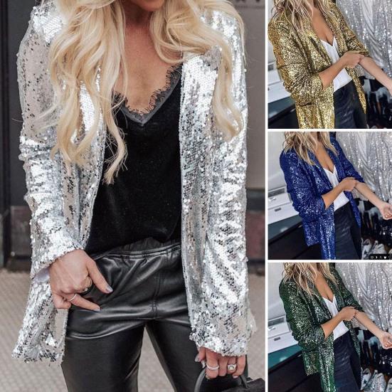 Damski sweter na co dzień z klapami z długim rękawem otwarty przód płaszcz wierzchni błyszczące cekiny jednokolorowa luźna kurtka Clubwear