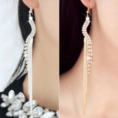 Women's Elegant S-shape Rhinestone Cocktail Chain Tassels Dangle Linear Earrings