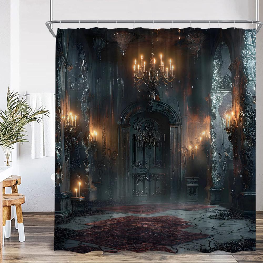Haunted House Scary Night Shower Curtain Full Moon Gothic Castle Pumpkin Lantern Spooky Bathroom Decor Halloween Bath Curtain