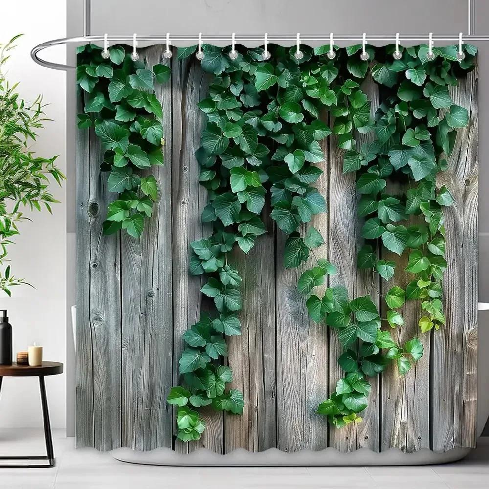 Rustiek Rustiek Houten Paneel Tuinmuur Douchegordijn Groene Plant Blad Omheining Polyester Douchegordijnen Badkamer Decor