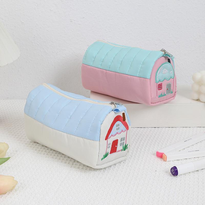 Girl Heart Shaped Pencil Case With Embroidery Large Capacity Organizer For School And Home