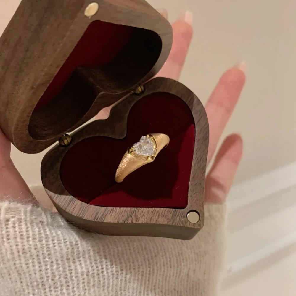 Open Ring French Vintage Gold Brushed Heart Ring with Zircon Elegant Minimalist Daily Wear for Women
