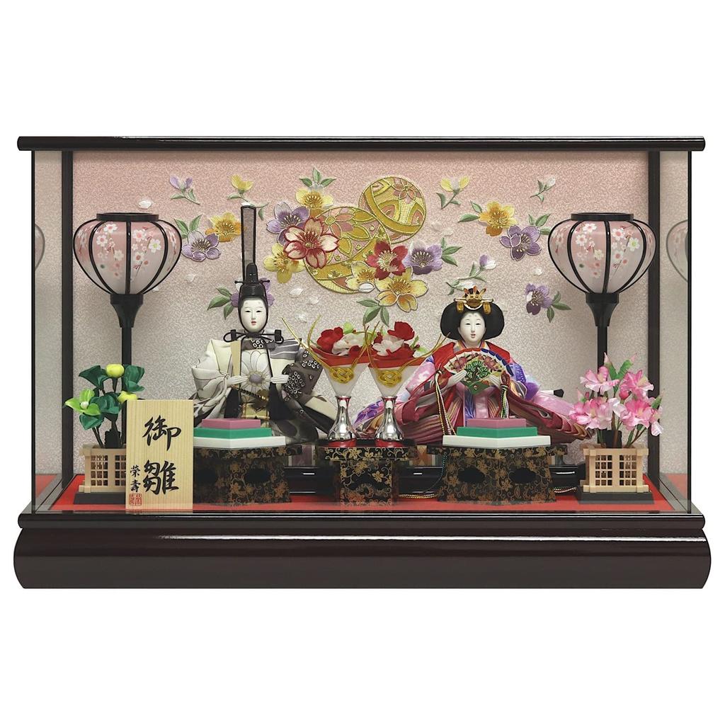 Panenky Hina Panenky Hina Vitrína s princem, dekorace na vitrínu s červenou barvou, panoramatická skleněná vitrína s třešňovými květy a kuličkami, výšivka, zadní strana, šířka x hloubka x výška 38 cm