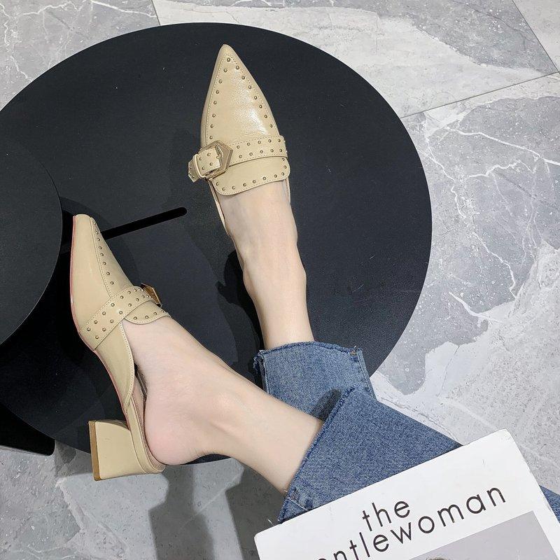 Fashion Women's Baotou Slippers Spring New Pointed Head Shallow Mouth Rivets Metal Buckle Anti-slip Wear-resistant High Heels