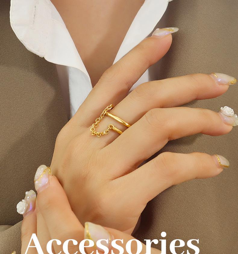 18K Gold Plated Titanium Steel Double Layer Index Finger Chain Ring for Women - European & American Style