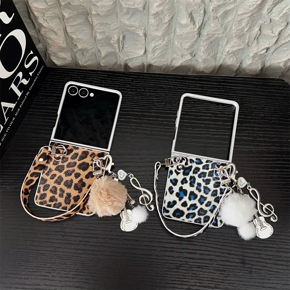 For Samsung Galaxy Z Flip7 5G Case Leopard Print Leather+PC Phone Cover with Guitar Pendant and Strap
