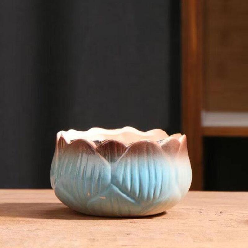 Gradient Lotus Shaped Ceramic Succulent Pot Breathable Coarse Pottery Flower Pot for Home Office Desktop Decor