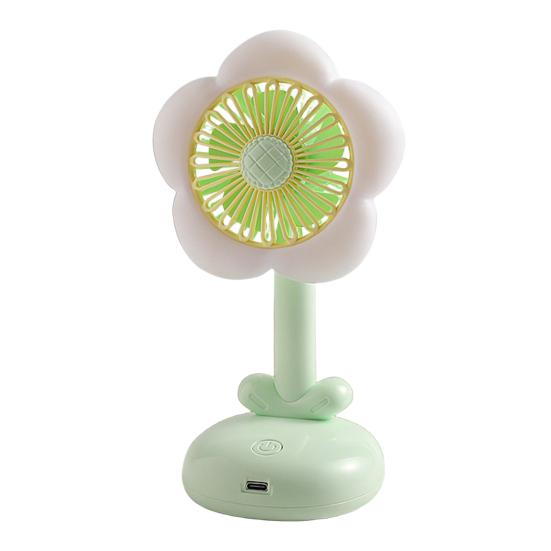 

Маленький настольный вентилятор с щеточным двигателем, мощный воздушный поток, низкий уровень шума, USB-перезаряжаемый вентилятор в форме цветка зелёный
