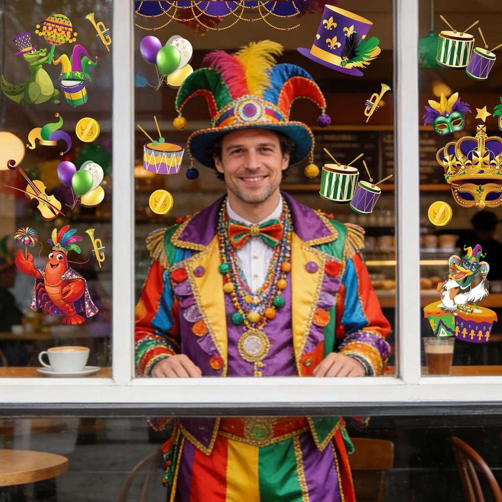 9 Sheet Mardi Gras Window Clings Mardi Gras Party Decorations Carnival Mask Fat Tuesday Lobster Reble Window Stickers Double-Sided for Masquerade