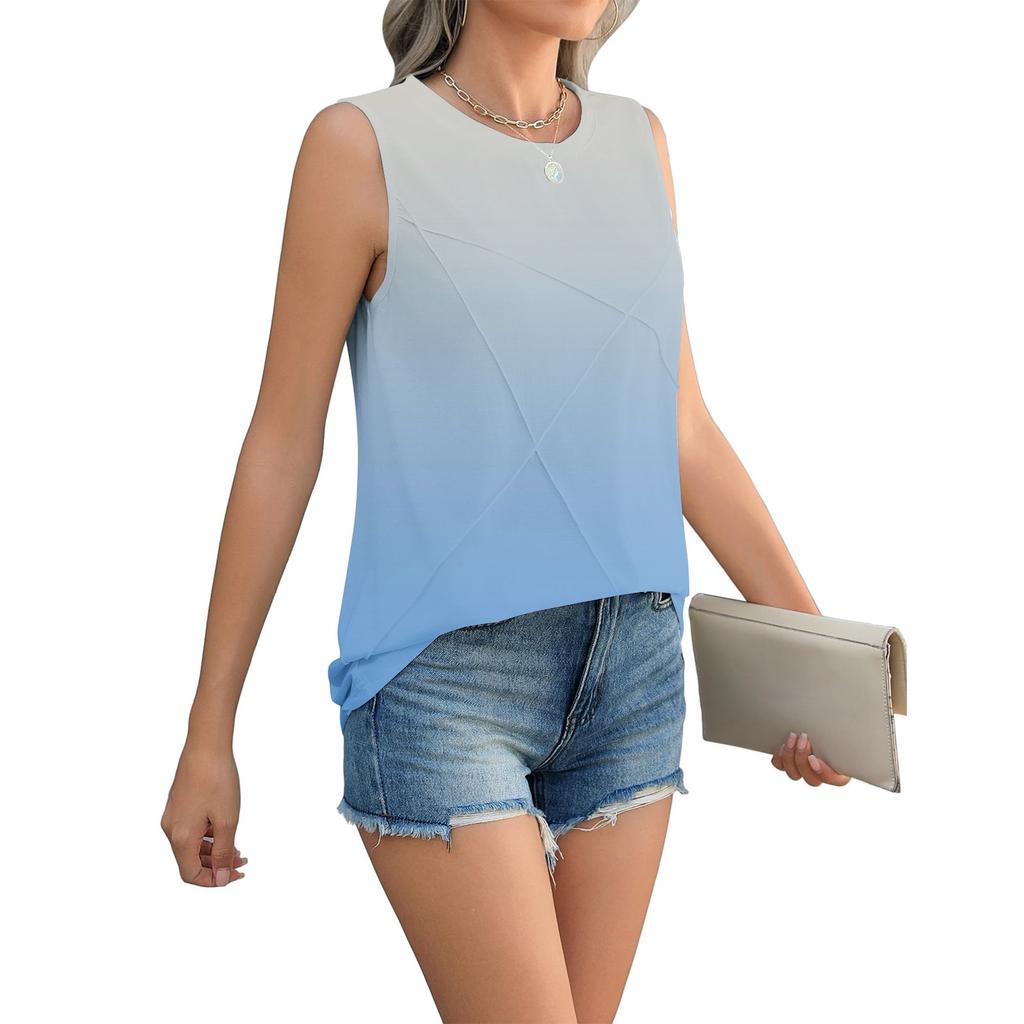 Women's Summer Vest Loose Pleated Round Neck Shirt Casual Sleeveless Top