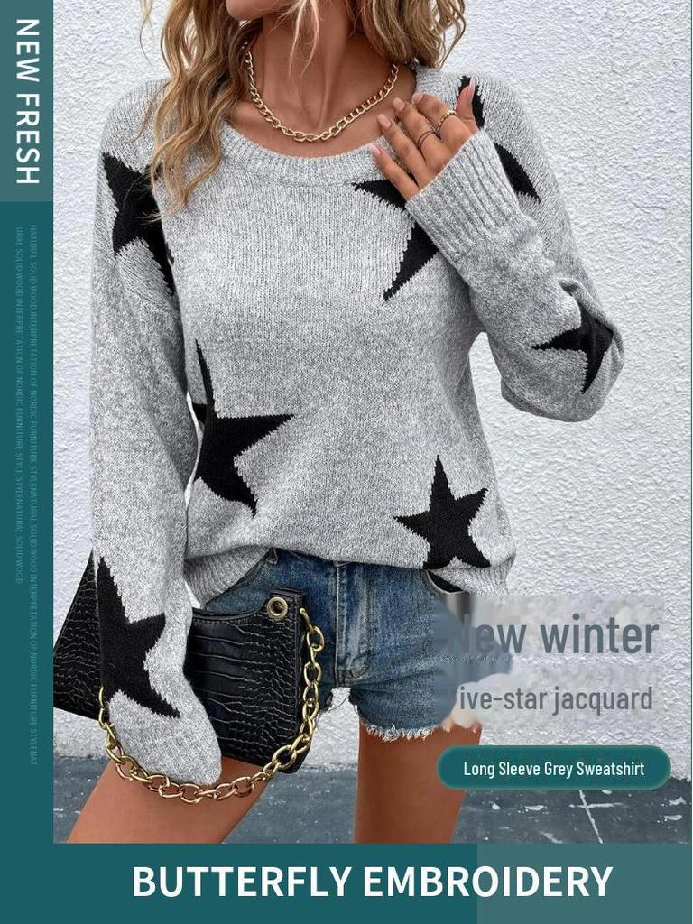 Damski sweter dzianinowy żakardowy pięciogwiazdkowy europejsko-amerykański na wiosnę i jesień, z okrągłym dekoltem i długim rękawem