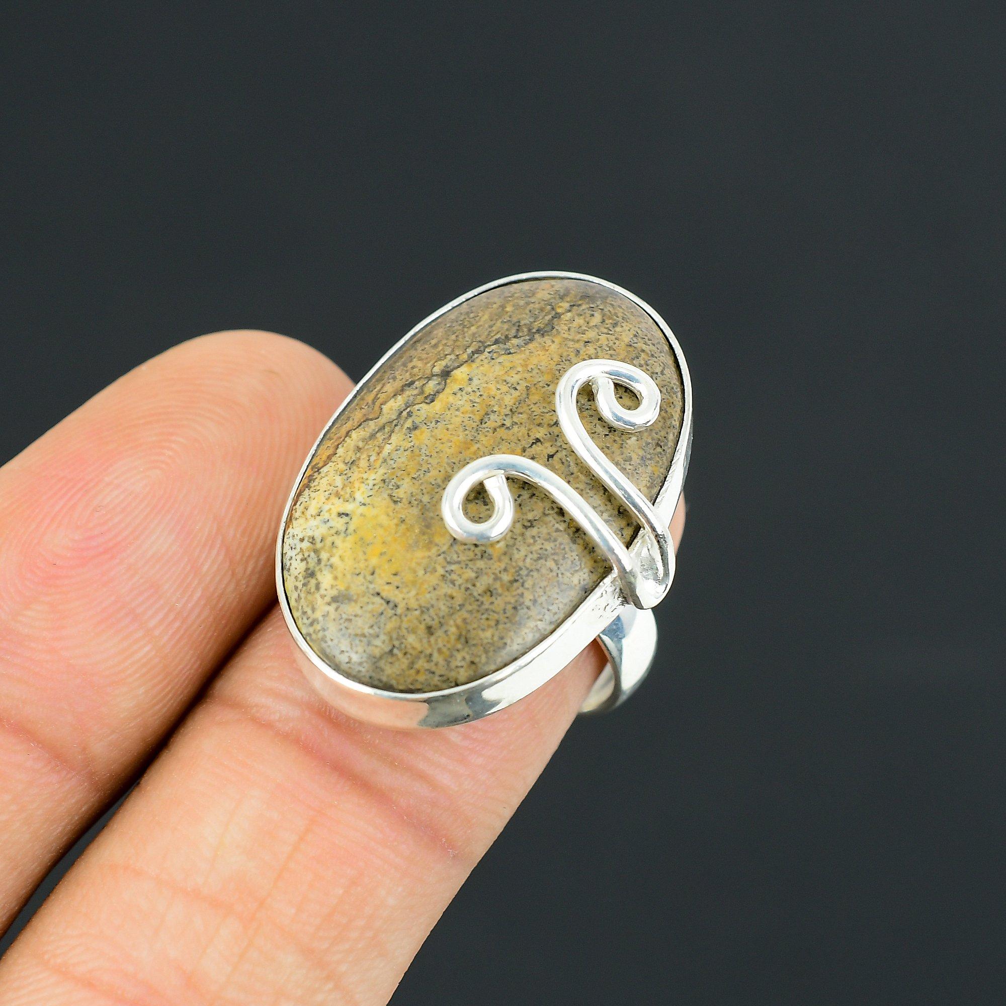 925 Sterling Silver Oval Picture Jasper Stone Stackable Ethnic Ring Jewelry US 8 8