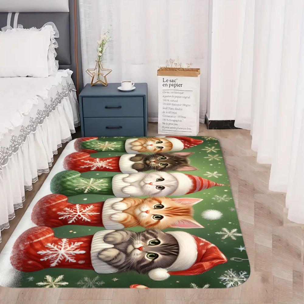 Merry Christmas Floor Mat Cute Cat Kitten Anti-slip Soft Carpet for Bedroom Living Room Hallway Doormat Area Rug Home Decoration