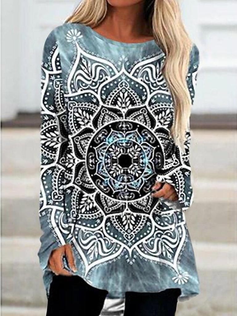 2023 Elegant Tops Ladies Round Neck Long Sleeve Street Fashion Casual T-shirt Autumn Winter New Design Printing Vintage Pullover