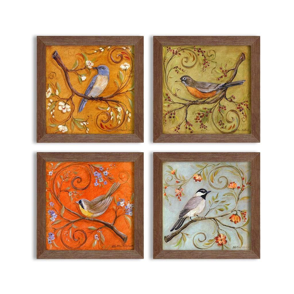 Multicolor Jardine Birds Set of 4 Brown Framed ,UV Textured Art Prints (9 X 9 Inch)