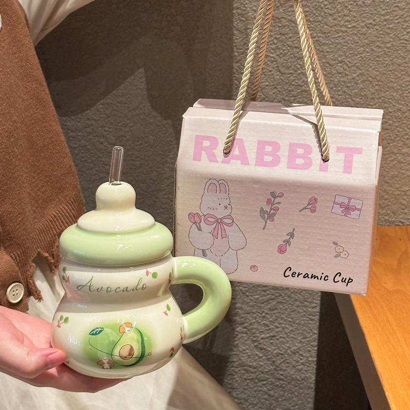 Super cute strawberry straw drinking cup for girls' birthday cup ceramic mug with lid girlfriend souvenir gift