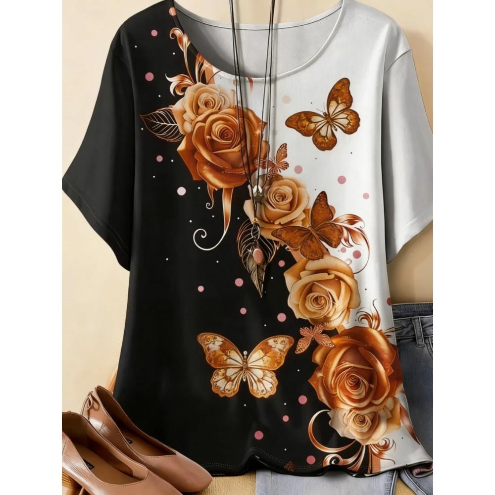 Beautiful Retro Colorful Butterfly Flowers 3D Printed Short Sleeved T-shirt Fashionable Comfortable Soft Breathable Large Loose Summer Womens T-shirt