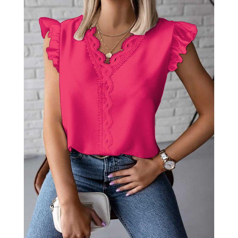 

Ruffle V-neck Shirt Women Summer Frill Simple V-neck Lace Stitching Loose Shirts Women Rose Red M