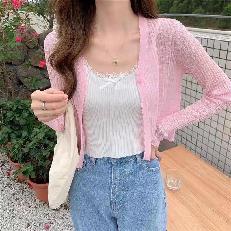 Women's Short V-Neck Knitted Cardigan - Ice Silk Sun Protection Shawl, Perfect Outer Layer for Dresses