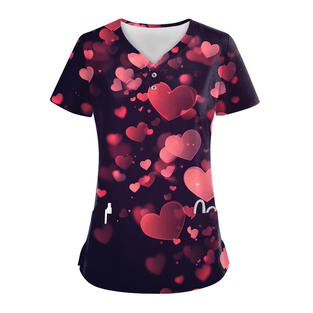 Damen-Oberteil mit Knopfleiste und V-Ausschnitt, modisch, lässig, mit Weihnachts- und Valentinstags-Print, Top für Krankenschwestern, Kasacks für Damen, 2 Taschen