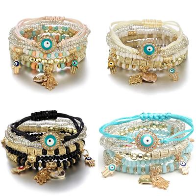 Boho Ręcznie Robiony Zestaw Bransoletek Dla Kobiet Ręka Fatimy Oko Proroka Zawieszka Serca Regulowany Łańcuszek ze Sznurka Męska Biżuteria do Codziennego Noszenia