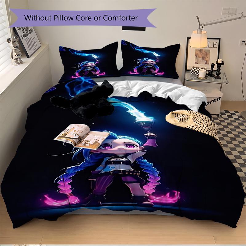 3pcs Jinx Blue and Purple Flame Fantasy Character Bedding Set-Perfect for Decorative Bedrooms, Hotels, and Festive Gifts!1202254a