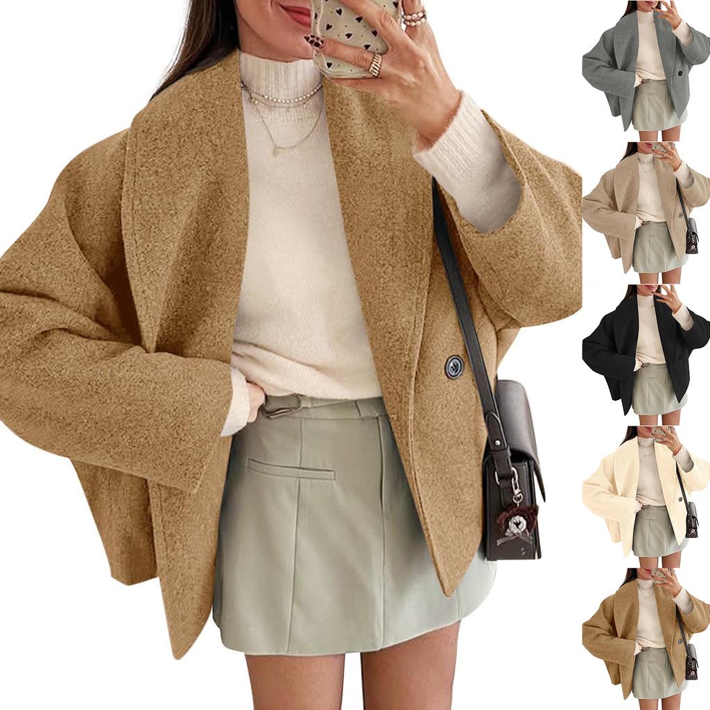 Women's Fashion Solid Color Collar Long Sleeve Pocket Button Jacket