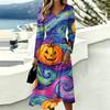 Women's Halloween Printed Long Sleeve V-Neck Dress with Pockets for Casual Everyday Wear