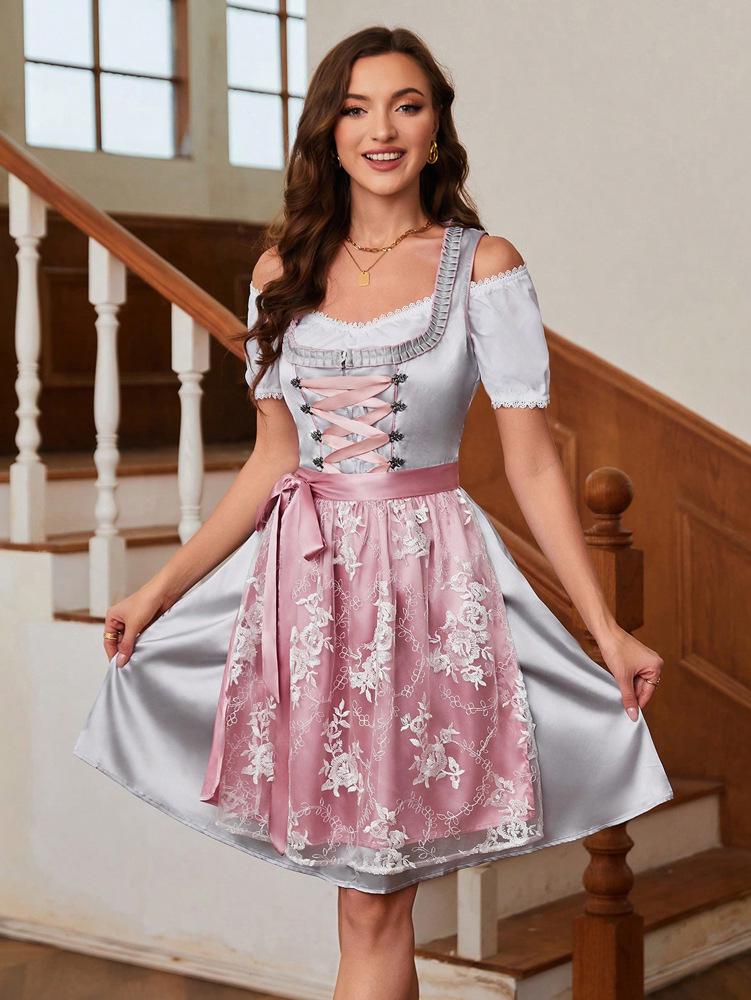 2025 Spring/Summer Women's European-American Maid Costume Beer Girl Lace-Up Dress Set