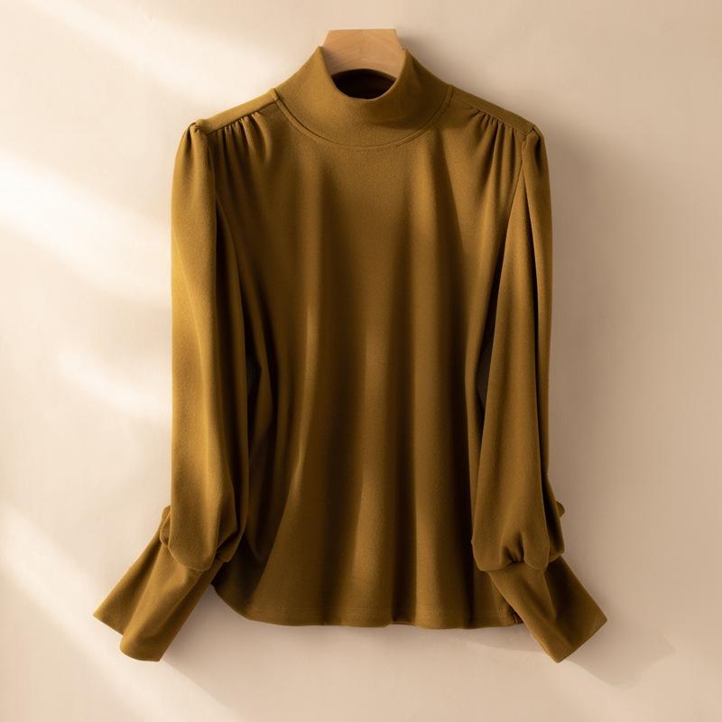 Camisa de Otoño e Invierno para Mujer con Cuello Medio Alto, Volantes en los Hombros y Bajo, Top Ajustado de Manga Larga