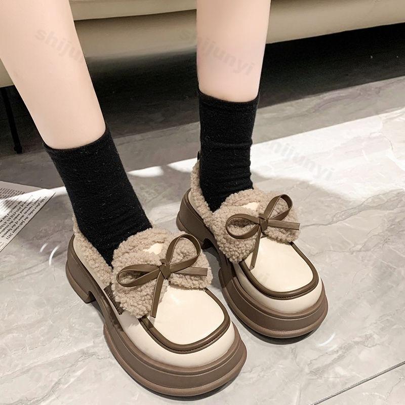 Fashion Bow Knot Women's Leather Shoes 2026 Winter New Plush Thicken Comfort Warm Shoes Height Increase Outdoor Non Slip Loafers
